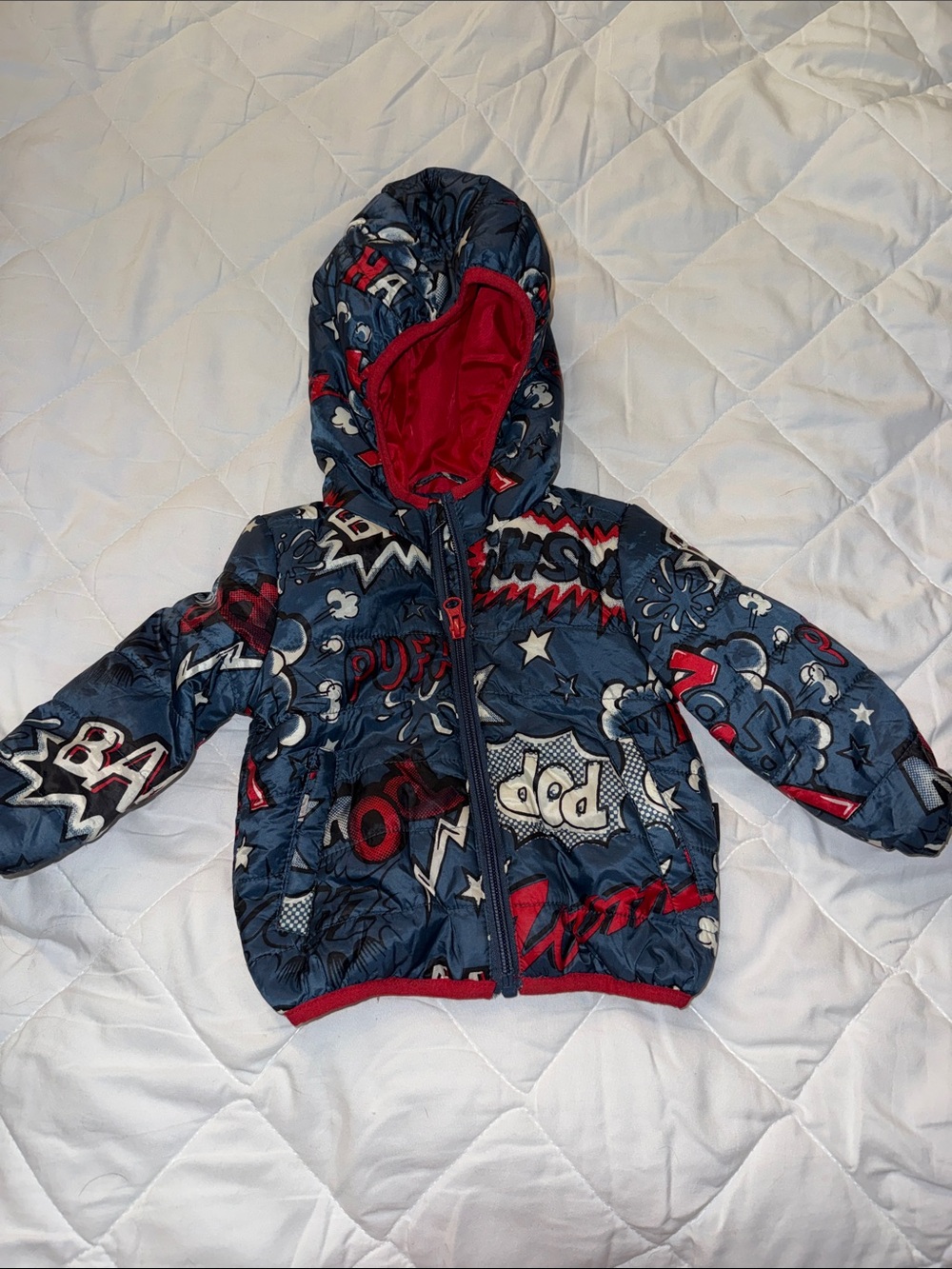 6/12m Joe Kids Hooded Puffer Jacket - Navy & Red Comic Print EUC